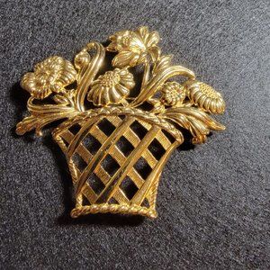 Monet Gold Tone Flower Basket Brooch